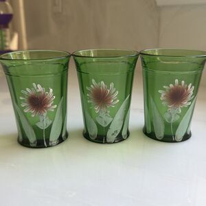 Antique Northwood Green Glass Set enamel Tumbler with floral Accents